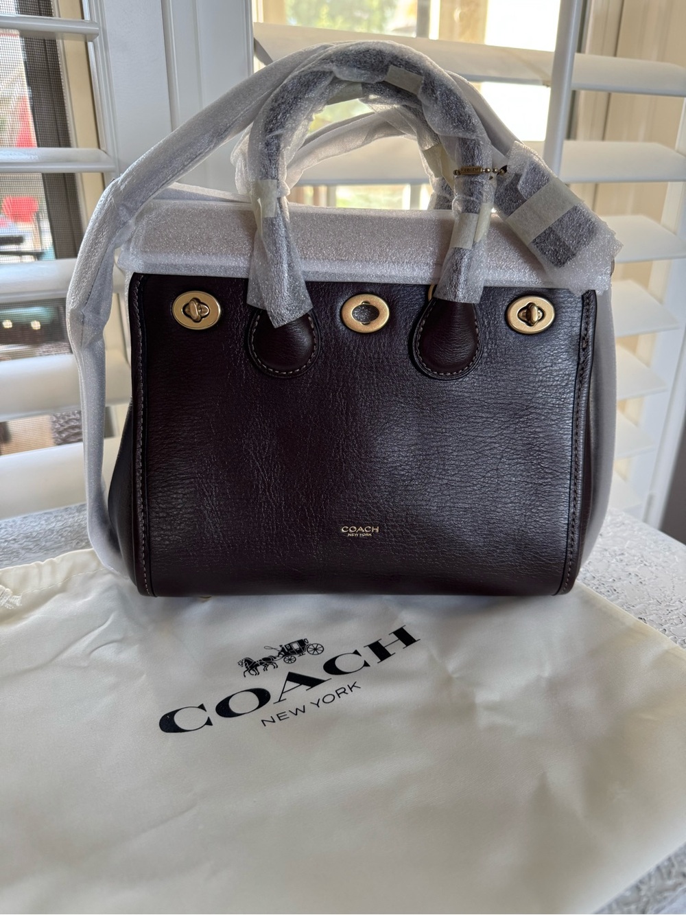 NYFW Spring 2027 Coach Dark Brown Maple Leather Satchel with Triple Turnlocks